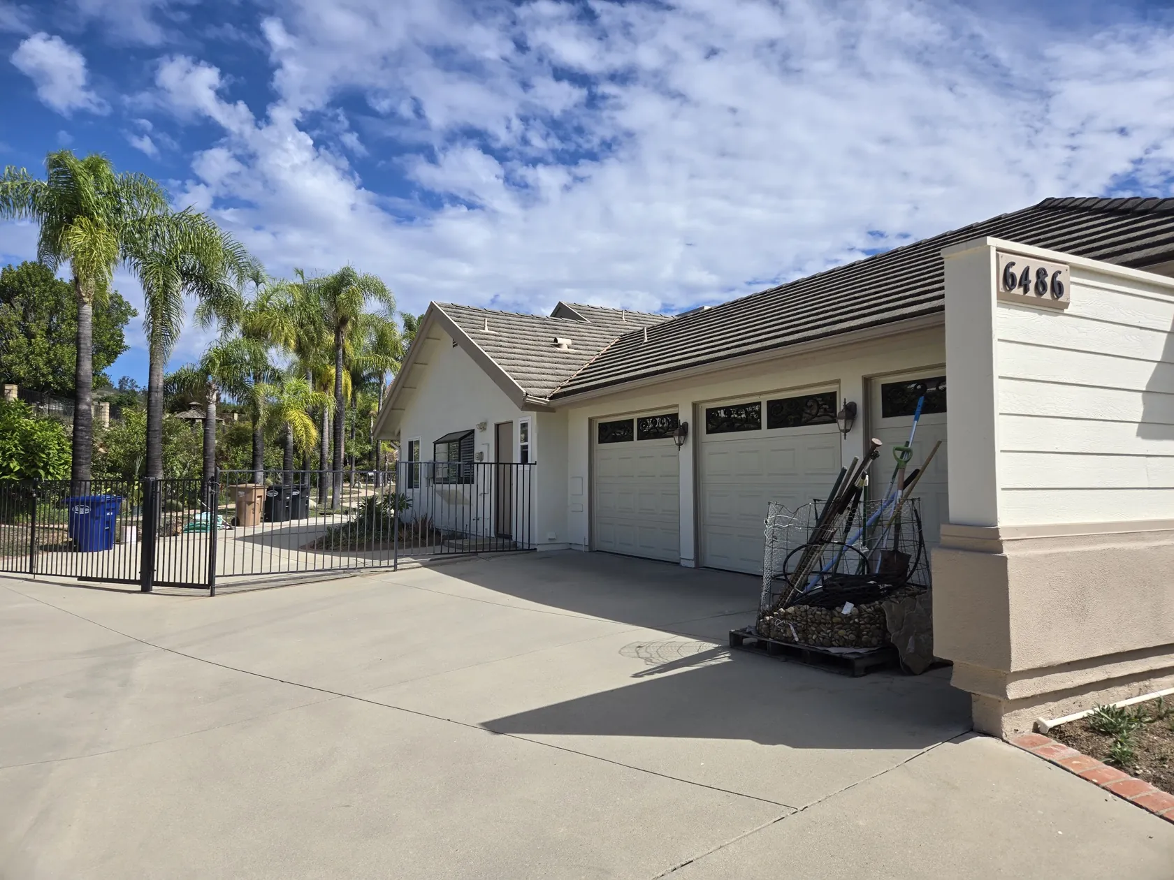 Driveway, three-car garage and street gate